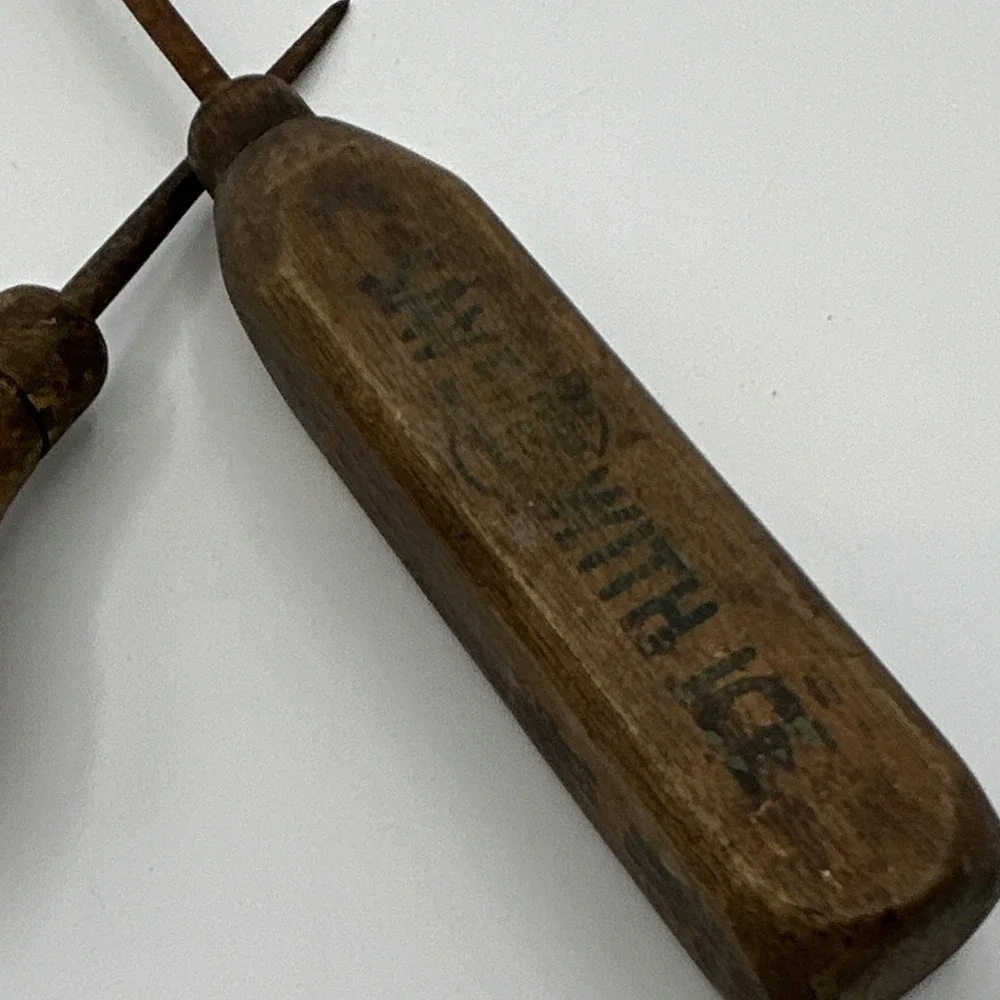 Antique Vintage Original Wood Handle ice picks Metal picks Stamped Advertising